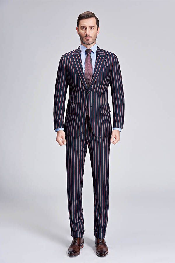 New Arrival Stripes Dark Navy Mens Suits Peak Lapel Three Flap Pockets Suits for Men