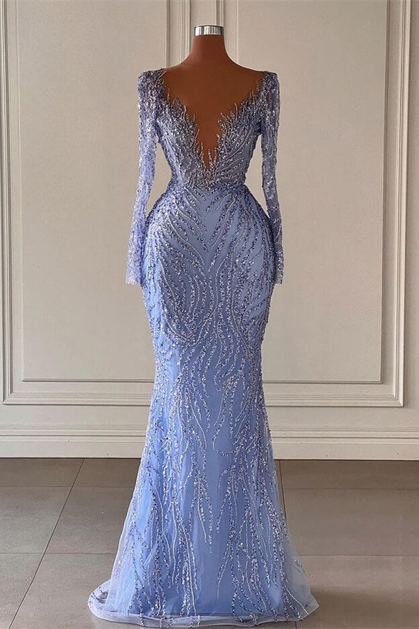 New Arrival V-Neck Long Sleeves Mermaid Evening Party Gowns with Beads