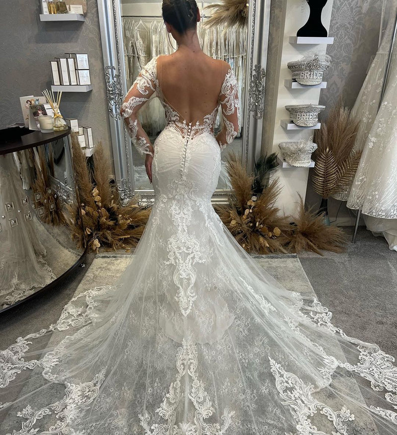 New Arrival V-Neck Long Sleeves Mermaid Lace Bridal Gown