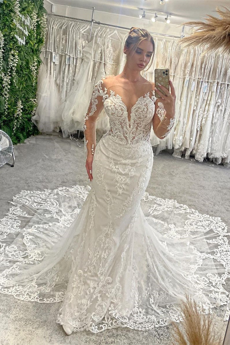 New Arrival V-Neck Long Sleeves Mermaid Lace Bridal Gown
