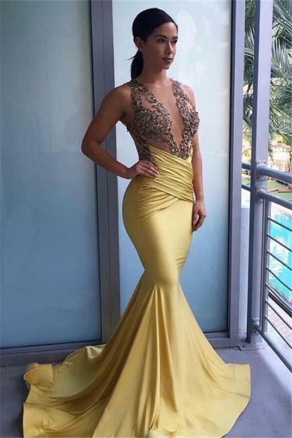 New Mermaid Ruffles Beads Appliques Sheer Tulle Prom Dresses Summer Long Yellow Formal Dresses