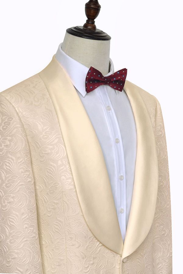 Noble Champagne Jacquard Wedding Tuxedos for Groom Silk Shawl Lapel Prom Suits