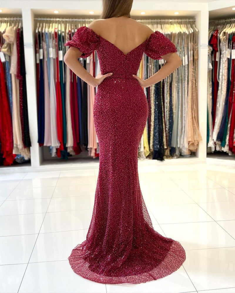 Off-the-Shoulder Bubble Sleeves Burgundy Evening Gowns Prom Dress Sequins Slit Evening Gowns