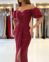 Off-the-Shoulder Bubble Sleeves Burgundy Evening Gowns Prom Dress Sequins Slit Evening Gowns