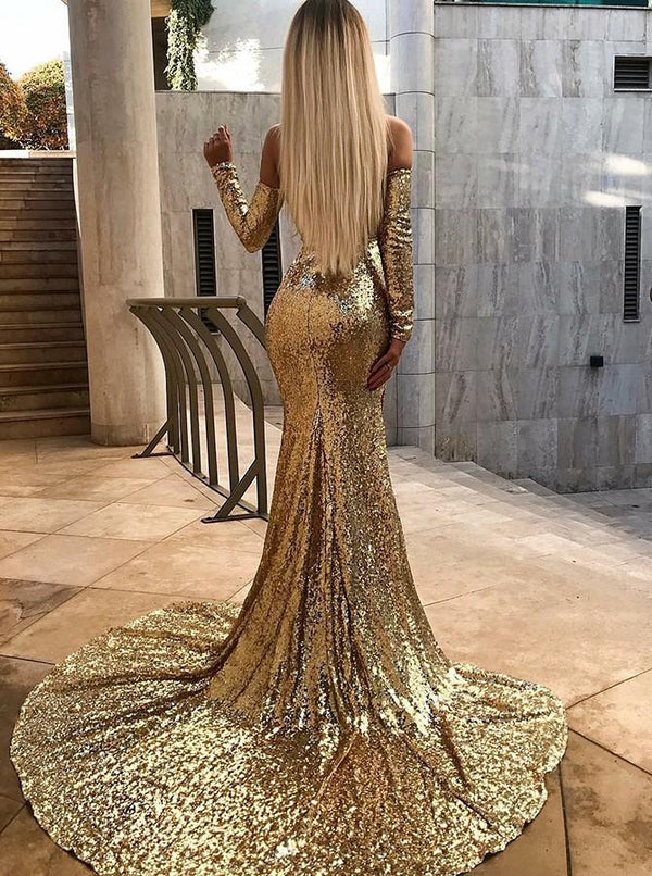 Off-the-Shoulder Champagne Sequins Prom Dresses Chic Long Sleevess Split Evening Gowns