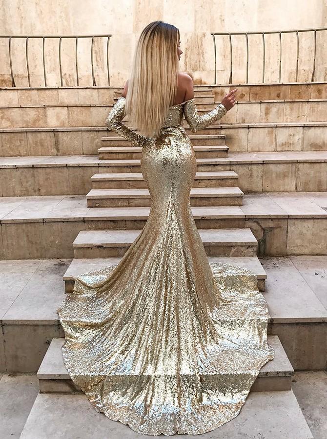 Off-the-Shoulder Champagne Sequins Prom Dresses Chic Long Sleevess Split Evening Gowns