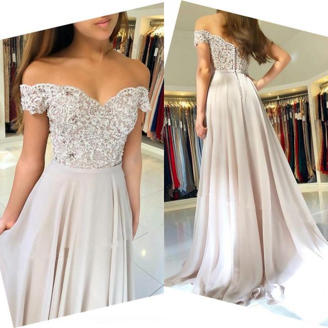 Off-the-Shoulder Lace Prom Dresses Online Sheer Tulle Chiffon Long Formal Evening Gowns with Buttons