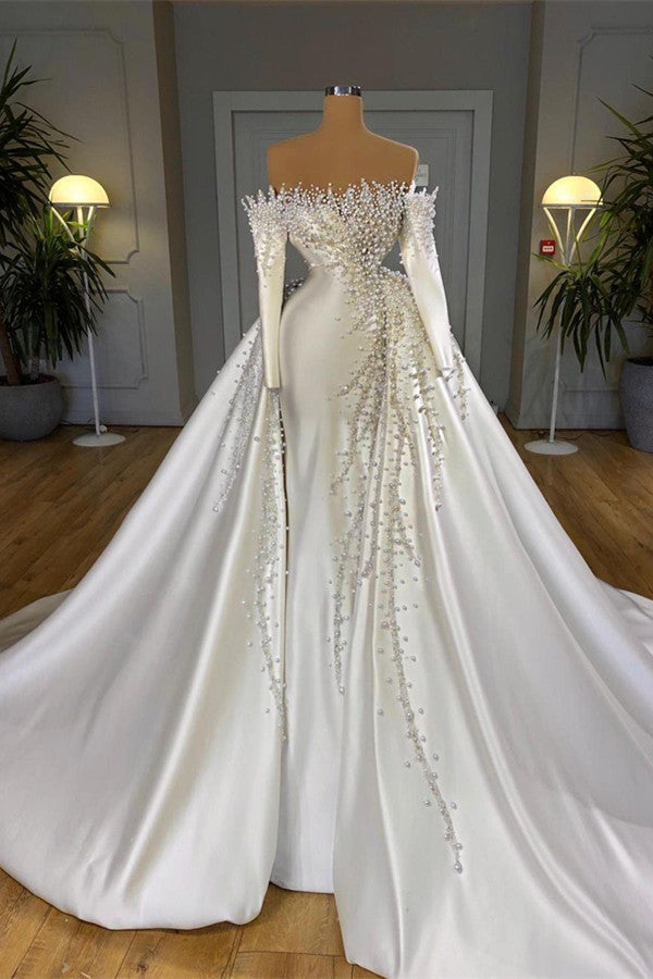 Off-the-Shoulder Mermaid Wedding Dress Pearls With Detachable Train Long Sleeves