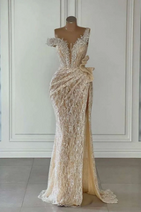 Off-The-Shoulder Silver Beads Cap Sleeves High Split Wedding Dresses
