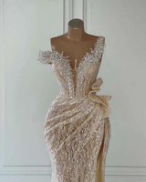 Off-The-Shoulder Silver Beads Cap Sleeves High Split Wedding Dresses