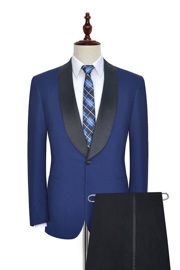 One Button Black Silk Shawl Lapel Wedding Suits for Men Gorgeous Blue Mens Prom Suits