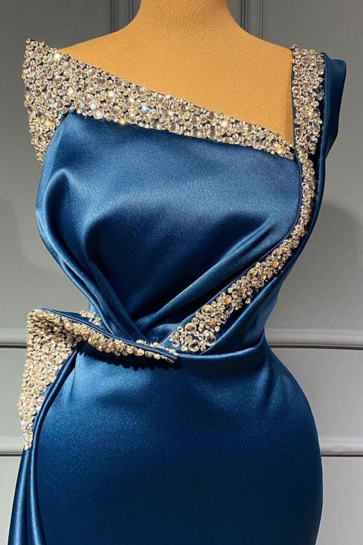 One Shoulder Blue Sequns Long Mermaid Prom Dress Beading