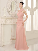 One Shoulder Blush Pink Long Ruched Sleeveless Bridesmaid Dresses
