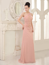 One Shoulder Blush Pink Long Ruched Sleeveless Bridesmaid Dresses