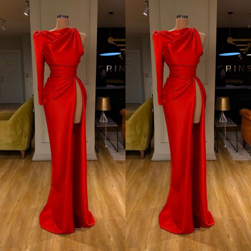 One-shoulder High-split Soft pleated Red Prom Dress Long sleeves