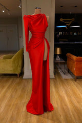 One-shoulder High-split Soft pleated Red Prom Dress Long sleeves