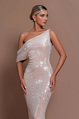One Shoulder Unique Neckline Cap Sleeves Floor Length Mermaid Wedding Dresses