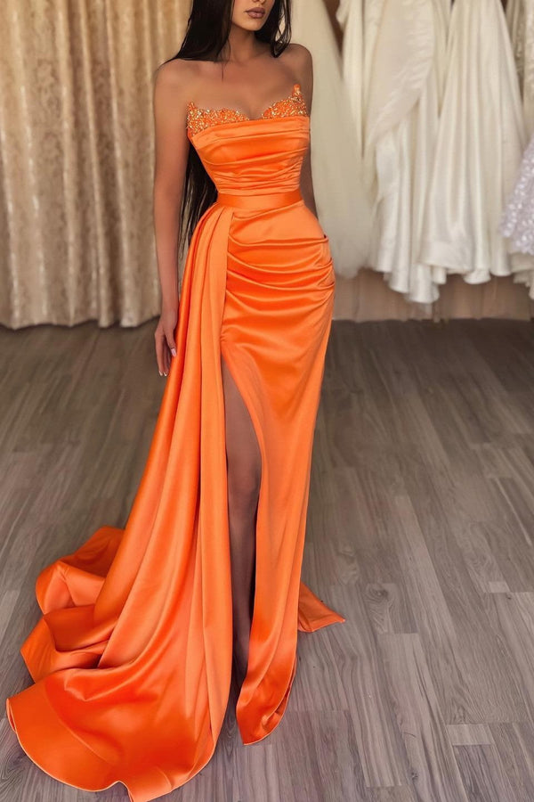Orange Mermaid Prom Dress Long Split With Sequins Sweetheart