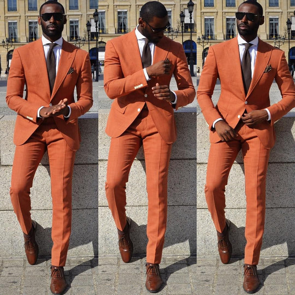 Orange Slim Fit Men Suit Peaked Lapel Prom Suits
