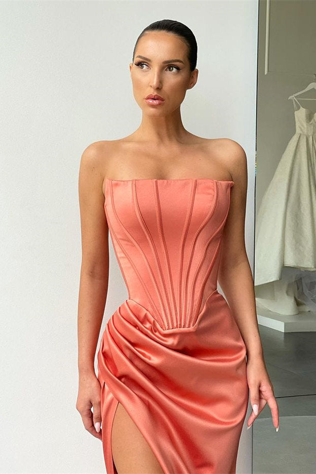 Orange Strapless Pleats Prom Dress with court train High-split
