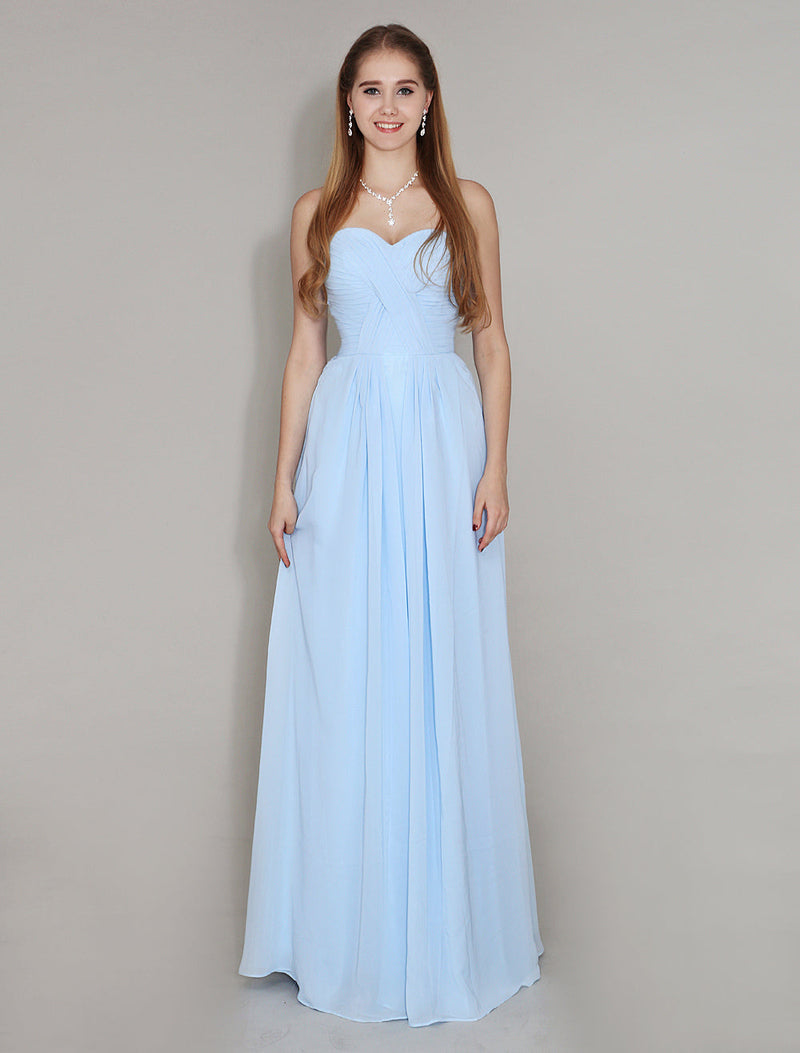 Pastel Blue Sweetheart Neck Floor Length Chiffon Ruched Bridesmaid Dress