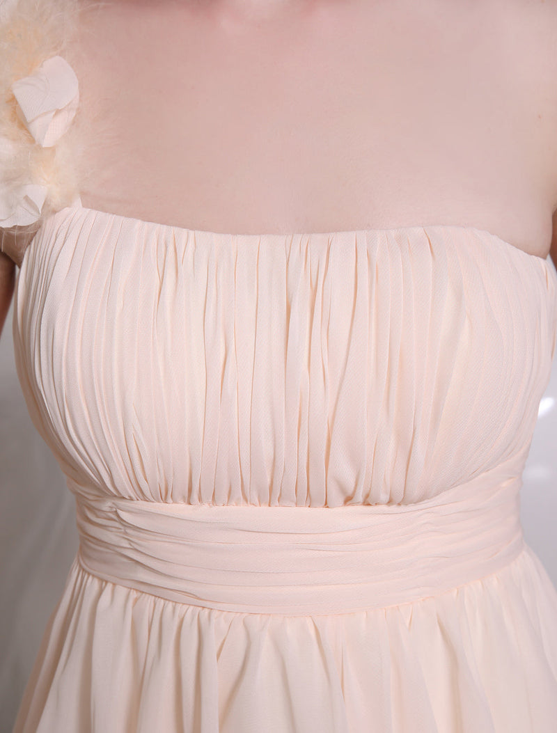 Pink Asymmetrical One-Shoulder Flowers Chiffon Bridesmaid Dress