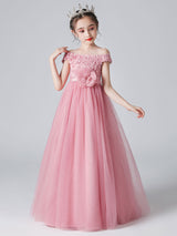 Pink Bateau Neck Sleeveless Bows Formal Kids Pageant flower girl dresses