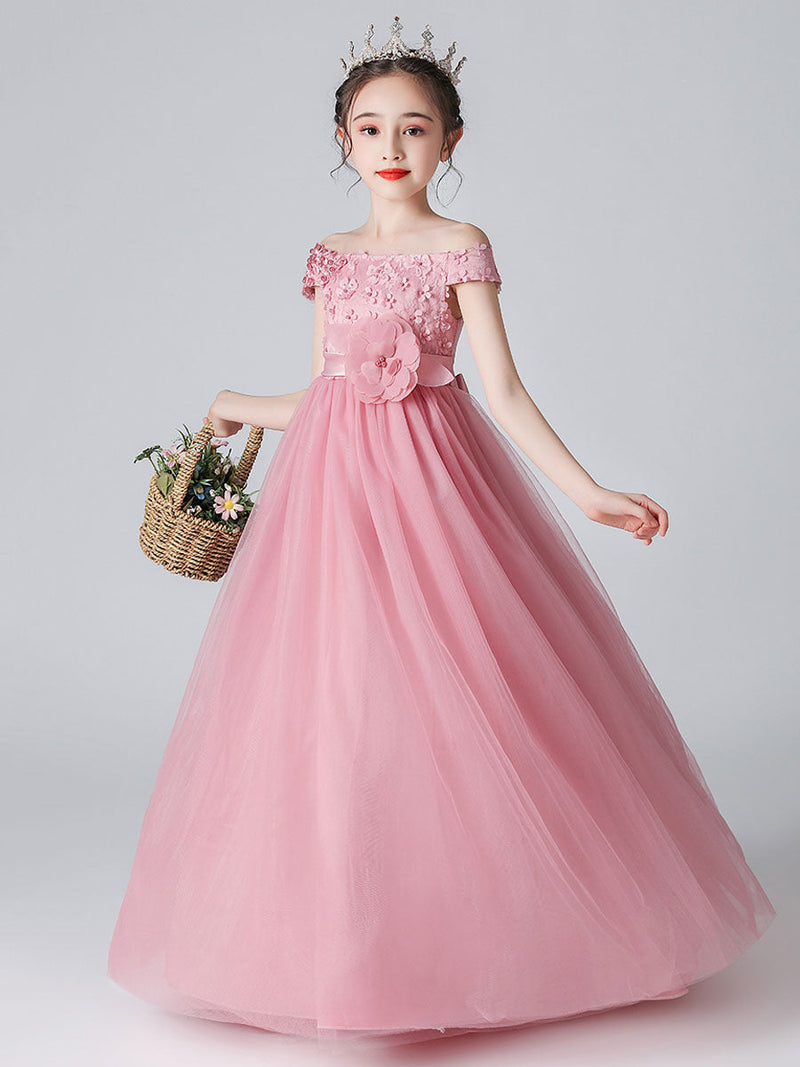 Pink Bateau Neck Sleeveless Bows Formal Kids Pageant flower girl dresses