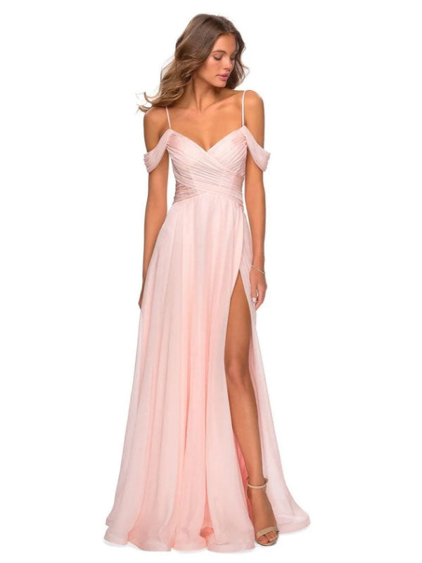 Pink Bridesmaid Dresses A-Line V-Neck Chiffon Long Bridesmaid Dress