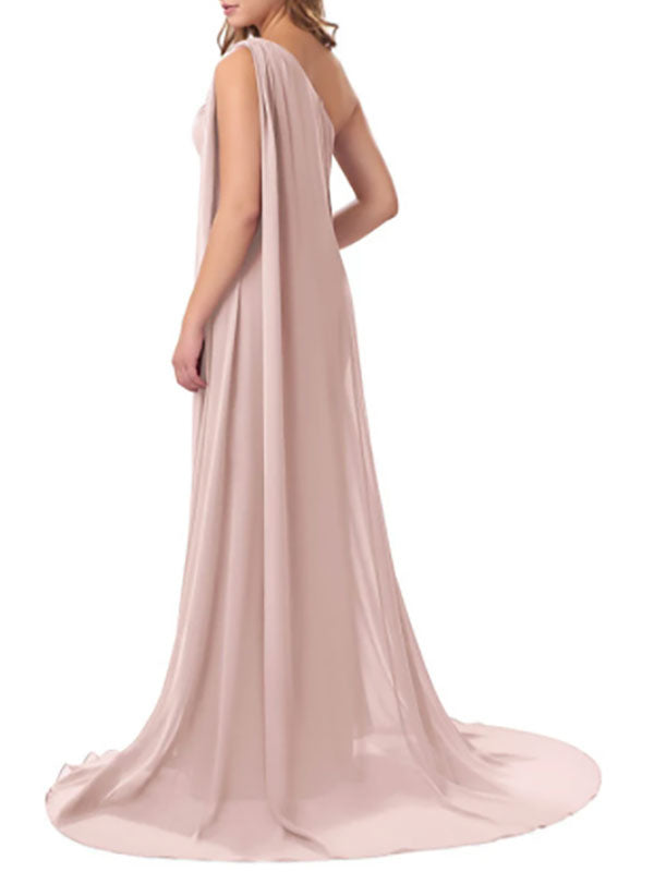 Pink Bridesmaid One Shoulder Chiffon Sleeveless Pleated Bridesmaid Dresses