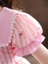 Pink Designed Neckline Short Sleeves Lace Tulle Embroidered Kids Social Party Dresses