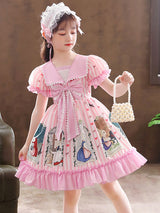 Pink Designed Neckline Short Sleeves Lace Tulle Embroidered Kids Social Party Dresses