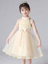 Pink Halter Neck Lace Sleeveless Short Princess Dress Bows Formal Kids Pageant flower girl dresses