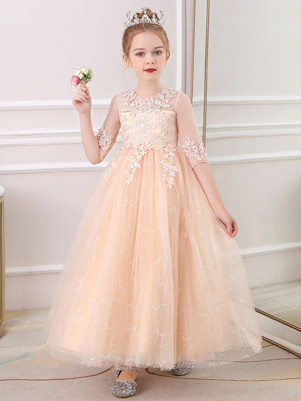 Pink Jewel Neck Half Sleeves Ankle-Length Lace Princess Bows Formal Kids Pageant flower girl dresses