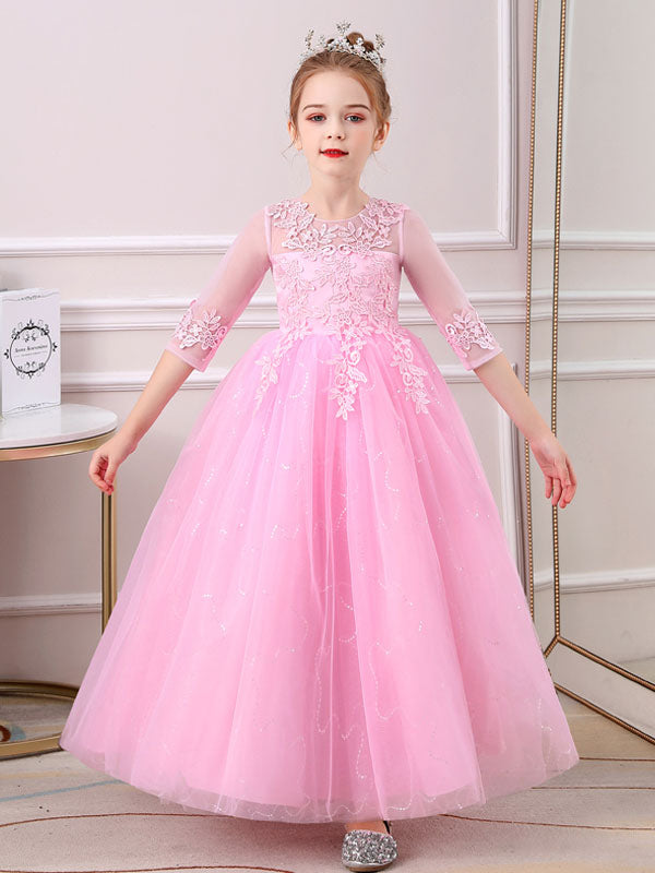 Pink Jewel Neck Half Sleeves Ankle-Length Lace Princess Bows Formal Kids Pageant flower girl dresses