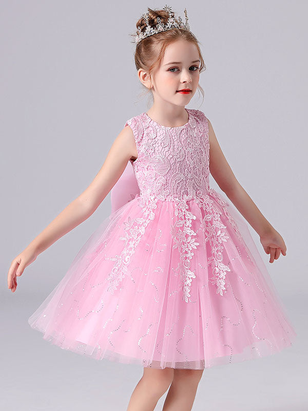 Pink Jewel Neck Lace Bows Formal Kids Pageant flower girl dresses