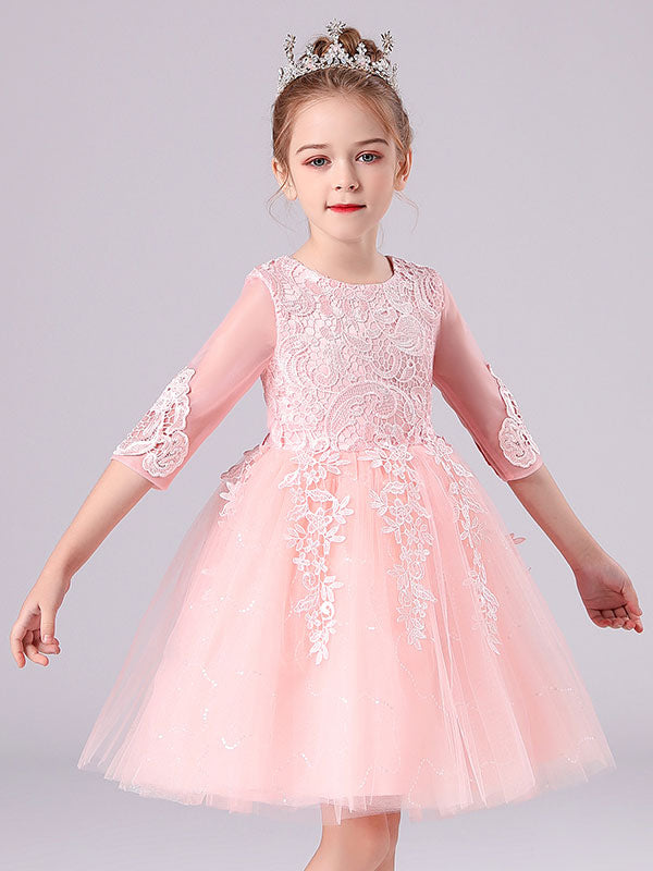Pink Jewel Neck Lace Half Sleeves Short Princess Dress Kids Social Party Dresses