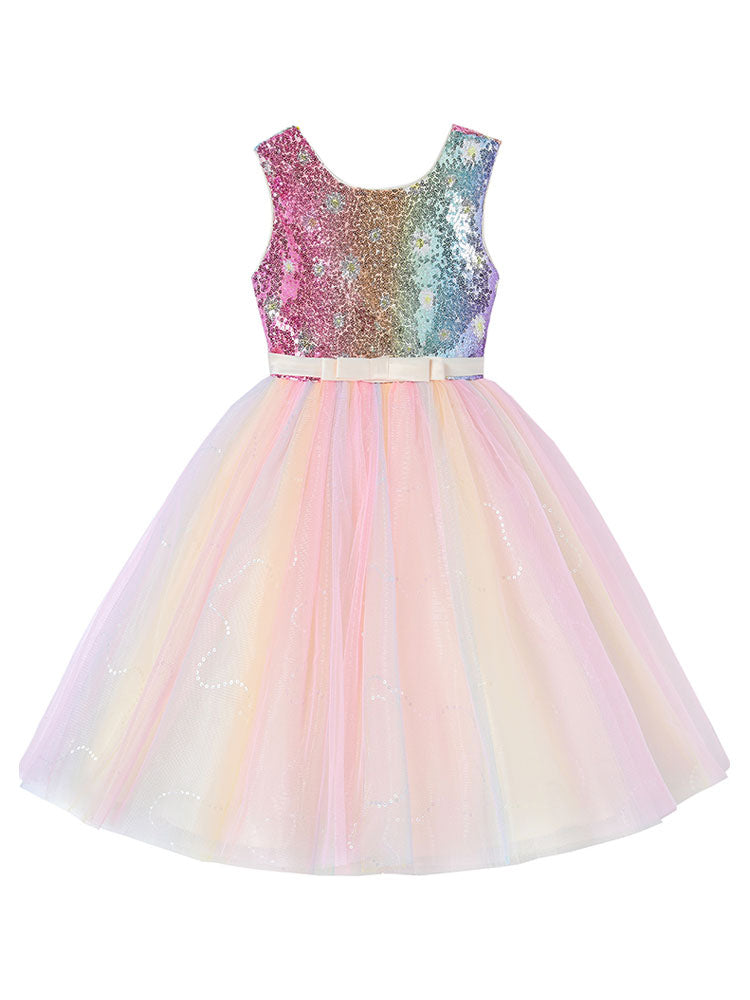 Pink Jewel Neck Polyester Sleeveless Short A-Line Tulle Sequins Kids Party Dresses