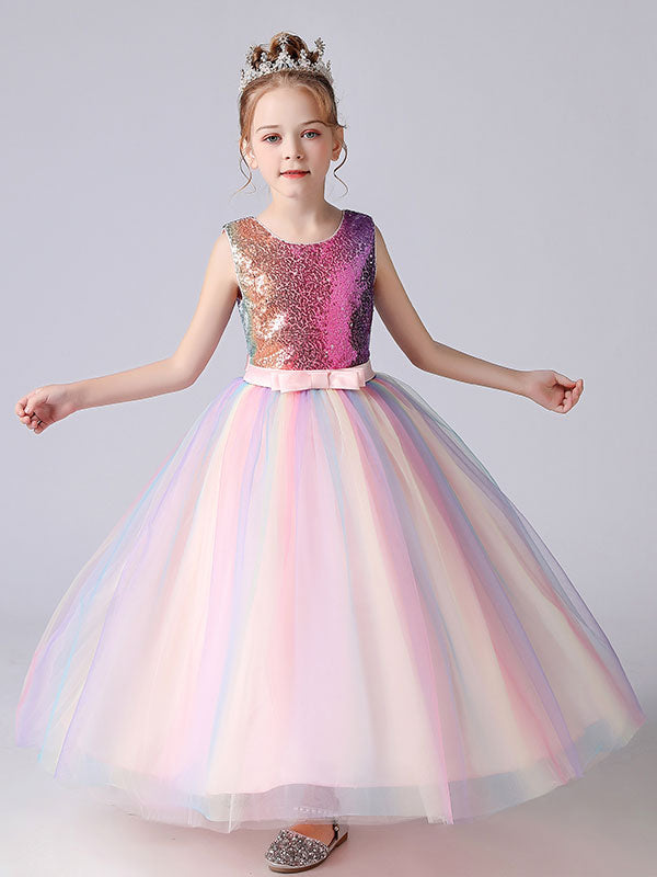 Pink Jewel Neck Sequined Sleeveless Ankle-Length Princess Dress Bows Kids Party Dresses