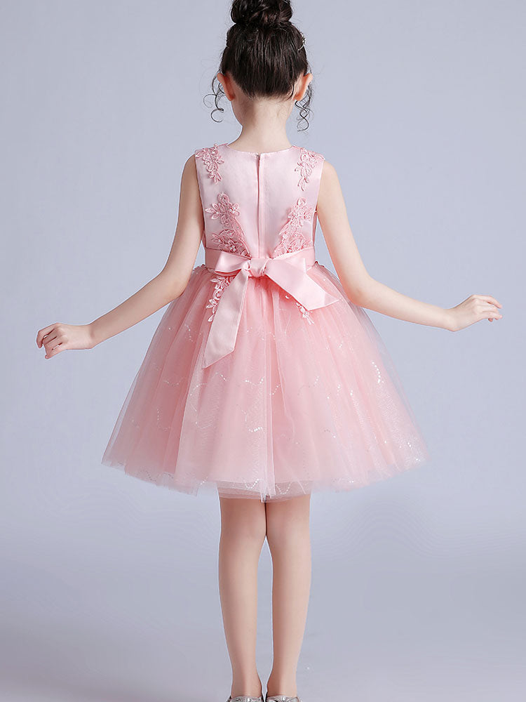 Pink Jewel Neck Short Sleeves Embroidered Formal Kids Pageant flower girl dresses