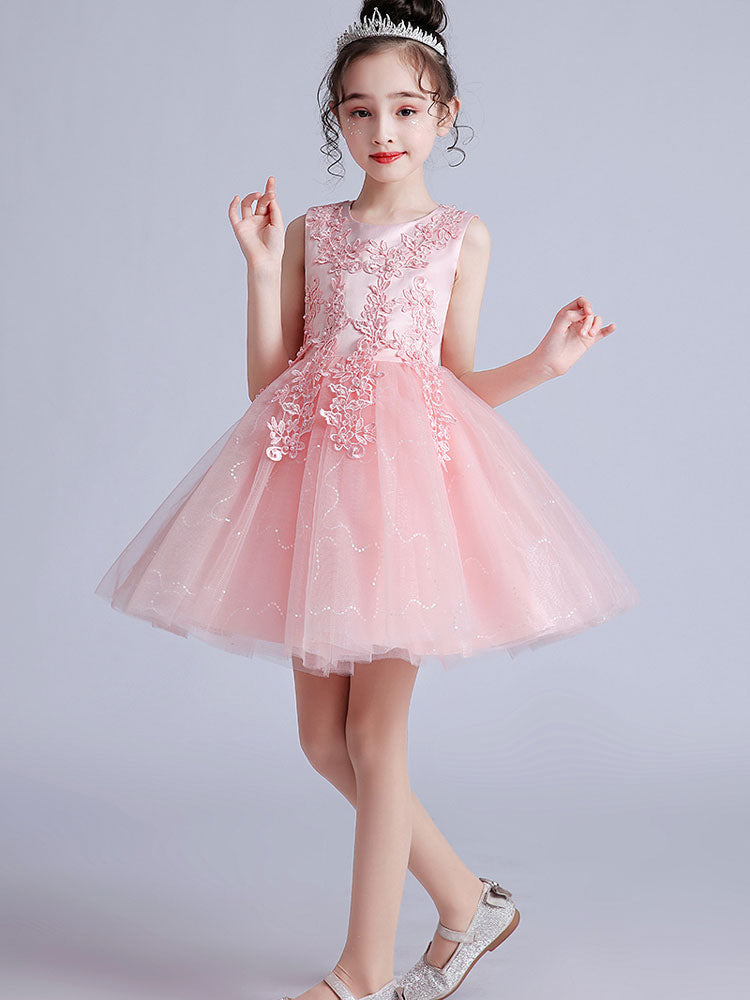 Pink Jewel Neck Short Sleeves Embroidered Formal Kids Pageant flower girl dresses