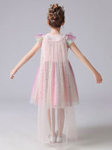Pink Jewel Neck Short Sleeves Kids Social Party Dresses Princess Dress