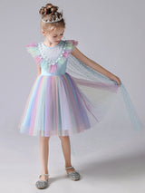 Pink Jewel Neck Short Sleeves Kids Social Party Dresses Princess Dress