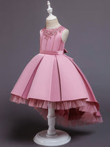 Pink Jewel Neck Sleeveless A-Line Bows Flowers Polyester Cotton Tulle Polyester Formal Kids Pageant flower girl dresses