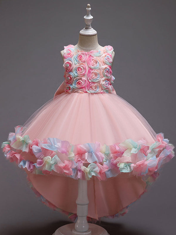 Pink Jewel Neck Sleeveless Bows Flowers Tulle Polyester Cotton Formal Kids Pageant flower girl dresses