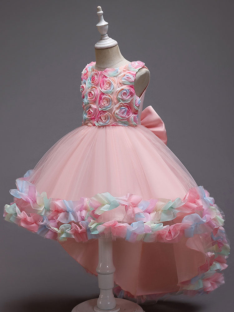 Pink Jewel Neck Sleeveless Bows Flowers Tulle Polyester Cotton Formal Kids Pageant flower girl dresses