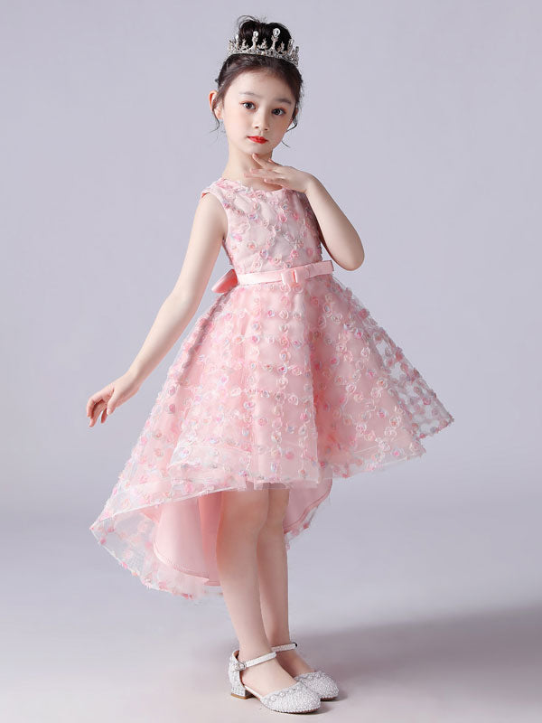 Pink Jewel Neck Sleeveless Bows Formal Kids Pageant flower girl dressesLace Princess Dress