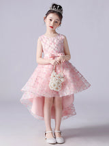 Pink Jewel Neck Sleeveless Bows Formal Kids Pageant flower girl dressesLace Princess Dress