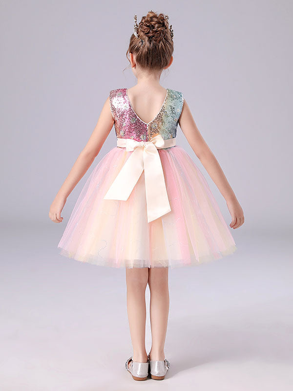 Pink Jewel Neck Sleeveless Bows Kids Social Party Dresses Sequined Tulle Short Dress