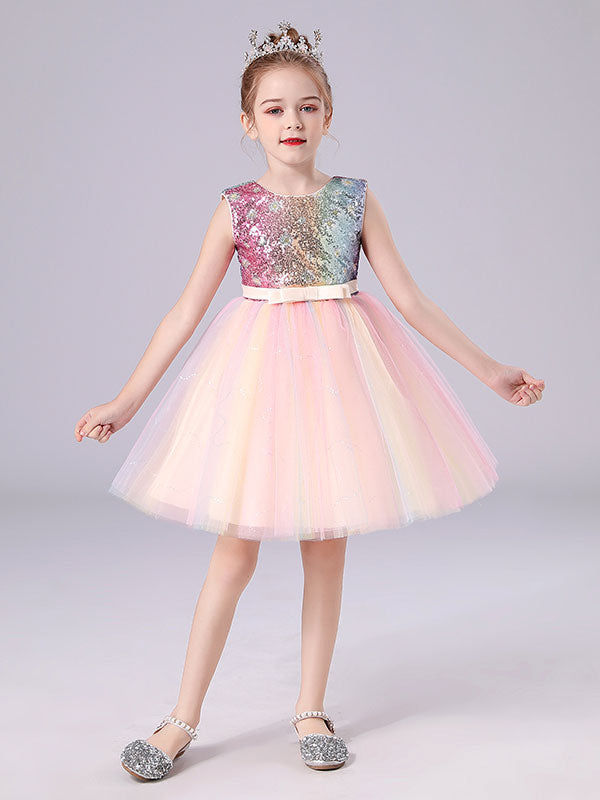 Pink Jewel Neck Sleeveless Bows Kids Social Party Dresses Sequined Tulle Short Dress